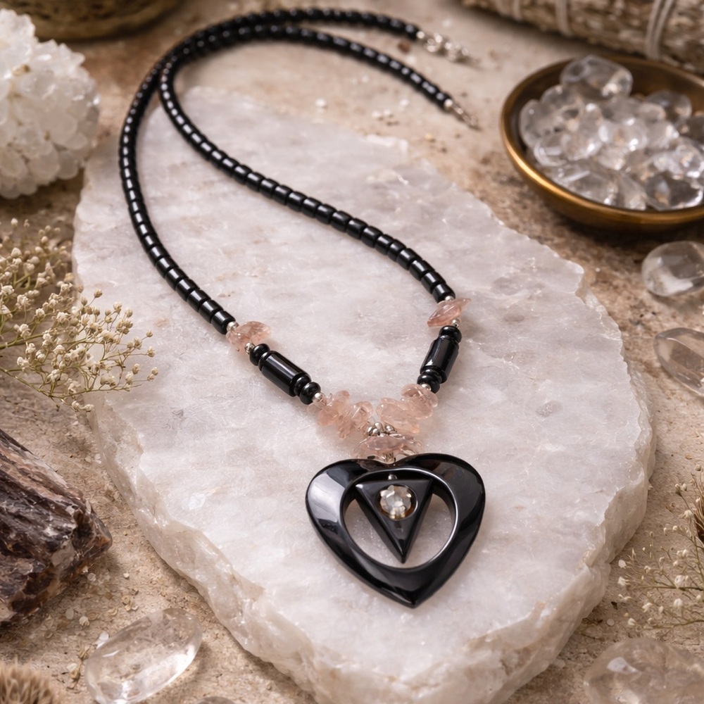 Hematite Heart Stone Necklace w/ Quartz Accents | Crystal Jewelry | Love Pendant